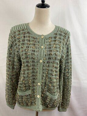 The Peruvian Connection Cardigan Pistachio Blue-Green Brown Knit Long Sleeve